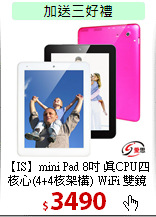 【IS】mini Pad 8吋 真CPU四核心(4+4核架構) WiFi 雙鏡頭HDMI平板電腦 8GB