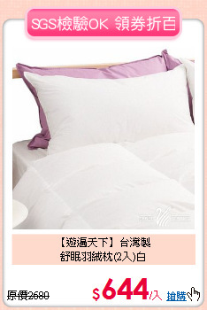 【遊遍天下】台灣製<BR>
舒眠羽絨枕(2入)白