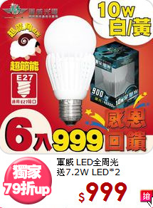 軍威 LED全周光<BR>
送7.2W LED*2