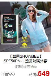 【韓國SHOWMEE】<br>
SPF50PA++ 透氣防曬外套