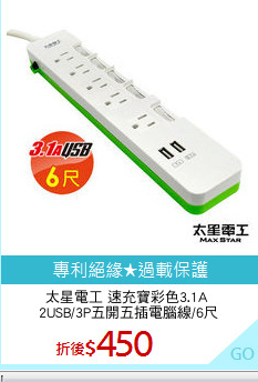 太星電工 速充寶彩色3.1A 
2USB/3P五開五插電腦線/6尺