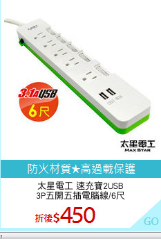 太星電工 速充寶2USB
3P五開五插電腦線/6尺